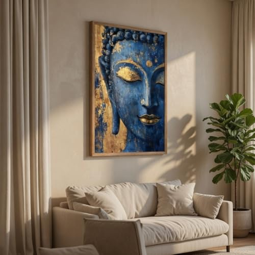 Image of Livin'luxe Blue Buddha Face Wall Art with Wooden Frame | Golden Textured Buddha Painting HD UV Laminated Print on MDF | Spiritual Meditation Home Decor for Living Room Bedroom Office 13.5 x 19.5 Inch