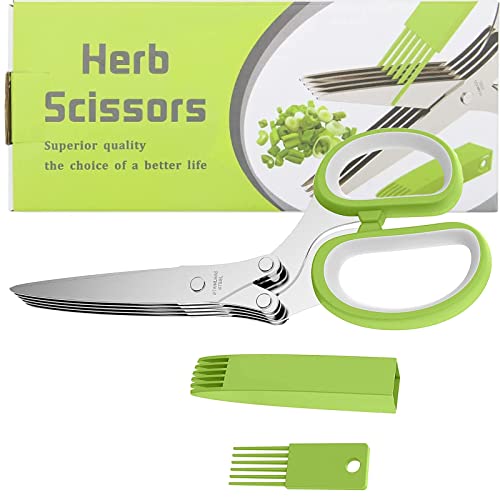 Updated Herb Scissors With 5 Blades And Cover, Kitchen Shears For Cutting Herbs, Kitchen Gadgets Cutter Chopper Food Cutter Scissors For Cilantro And Green Onion, Vegetable Salad Food Cutter (Green) #TOP6