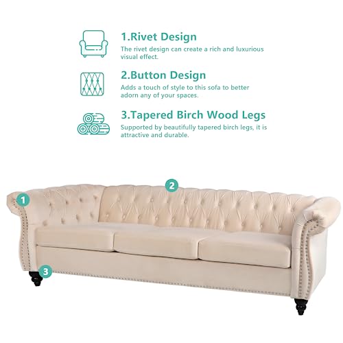 Image of QHITTY Accent Large Sofa, Chesterfield Couch 3 Seater Modern Velvet Couch Upholstered Sofa with Tufted Back for Living Room Furniture (Beige)