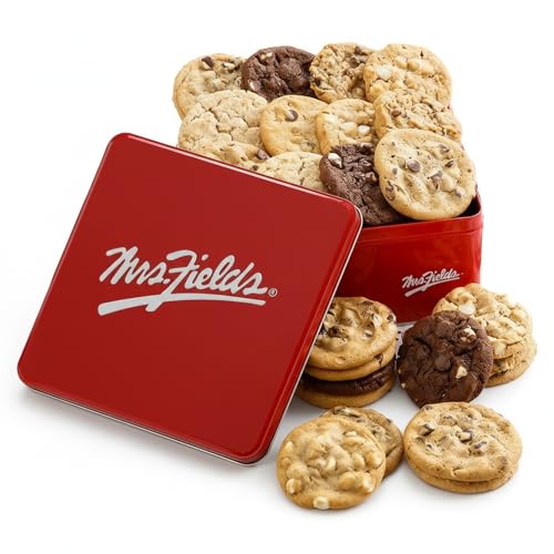 Mrs. Fields 2 Dozen Signature Tin - Assorted with 24 Original Cookies in 5 Classic Cookie Flavors - Semi-Sweet Chocolate Chip, Oatmeal Raisin, Cinnamon Sugar, Triple Chocolate and White Chocolate Chip