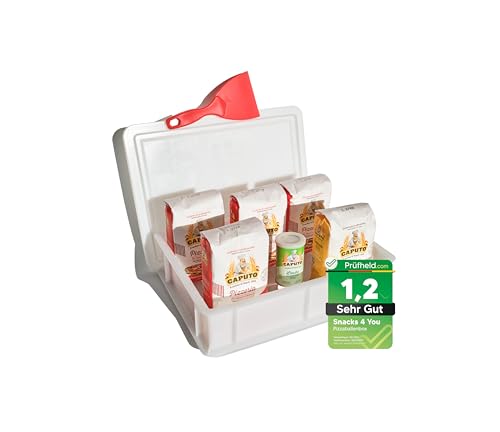 Snacks 4 You - Pizza Starter-Set | Pizzaballenbox mit Deckel 40x30cm H 10cm + 4x Caputo Pizzeria Mehl + Caputo Semola + Trockenhefe + Pizzaspachtel + Rezept-Karte (Pizza Starter-Set)