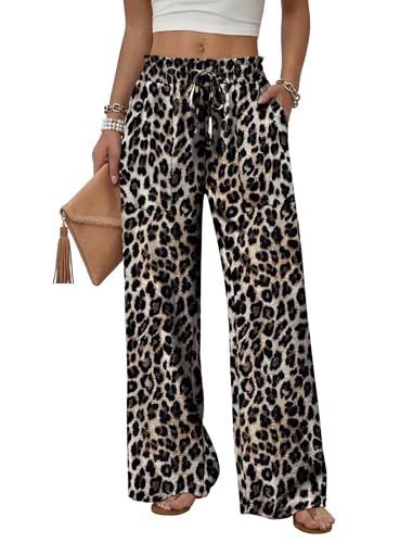WIHOLL Women's Leopard Print Wide Leg Pants Long Cute Summer Outfits Vacation Beach Clothes Palazzo Pants High Waist Trousers Comfiest Airport Outfits Fashion Clothing L