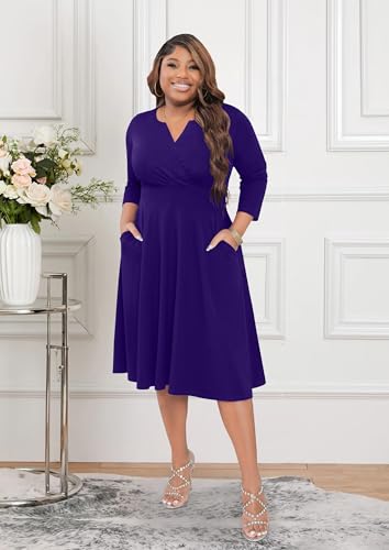 Image of Runwind Women's Plus Size Midi Dress 3 /4 Sleeve Fit and Flare Cocktail Dresses Casual V-Neck Dress with Pockets