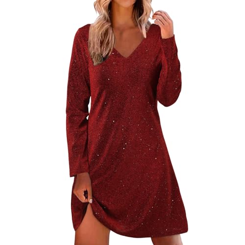 Vestido con purpurina para mujer, manga larga, vestido de lentejuelas con purpurina, vestido de lentejuelas, vestido de fiesta, elegante, vestido de fiesta para mujer, vestido de fiesta elegante, rojo