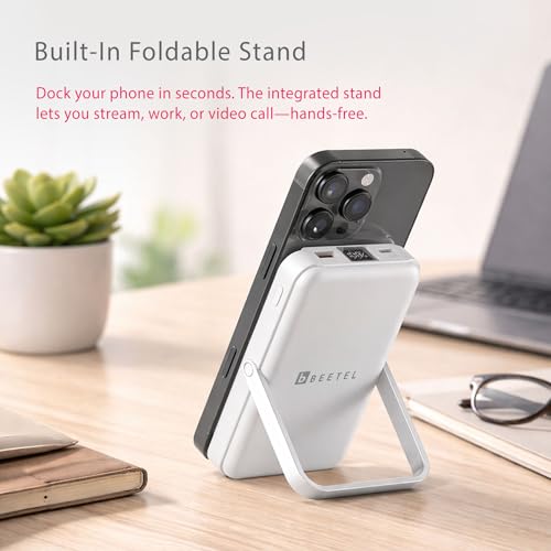 Image of Beetel MagVibe Series WS01 Magsafe 10000mAh Magnetic 15W Wireless Power Bank with Stand for Apple iPhone, Samsung, OnePlus, All Smartphones| Qi Enabled Devices | 3M Ring In Box | Premium Finish| White