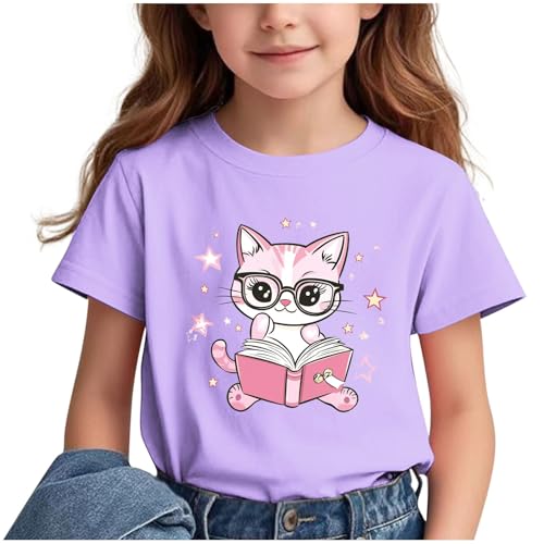 Girls Cute Cat Graphic Tee Shirts Boys Back of School Loose Crewneck Short Sleeve Casual Summer Top for Kids 3-15 Years