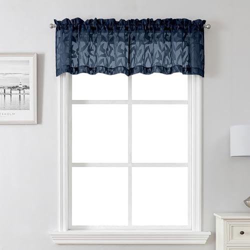 Lecloud Leia 14 Inch Navy Blue Sheer Valances for Windows 2 Pcs, Airy Jacquard Leaf Textured Short Curtains for Living Room Kitchen Bedroom Basement, Dual Rod Pockets Small Curtain, 28" W x 14" L
