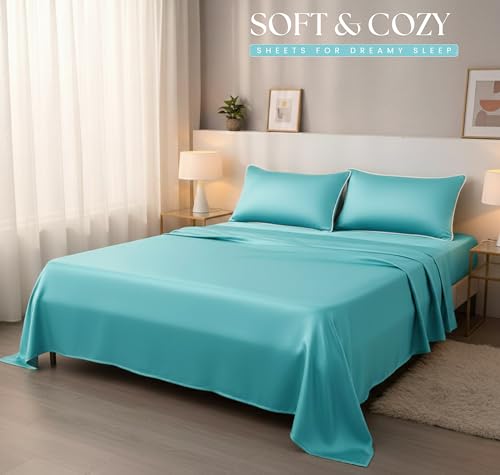 Image of VAS COLLECTIONS Satin Bedsheet King Size (108 x 108 Inches) | 300 TC Ultra Soft Silky Smooth Satin Bed Sheet with 2 Pillow Covers | Luxury Satin Bedsheets for Double Bed (Aqua Blue)