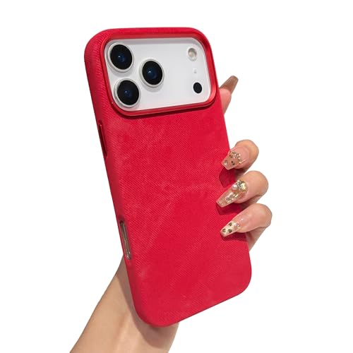 Étui rouge denim iPhone 15 Pro Caseative en daim pelucheux pour un look urbain et moderne