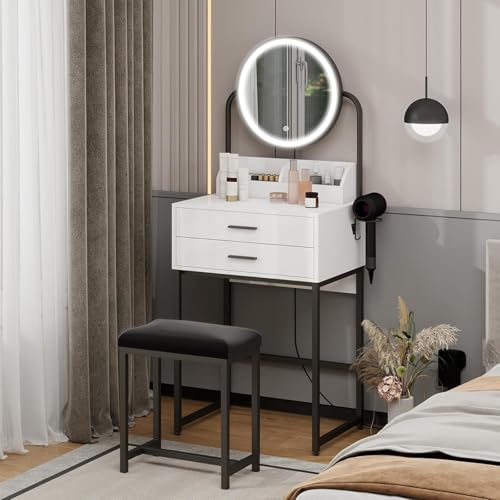 YU YUSING Toeletta Trucco con Sgabello Comodo, Scrivania Trucco con Specchio con Luce, Tavolo da Trucco con 2 Cassetti e 2 Ripiani, Set Toeletta Moderno per Camera da Letto, Bianco e Nero