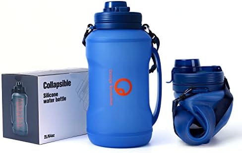‎Orange Revolutio 64 oz Collapsible Water Bottles with Straw, Half Gallon Water Bottle with Motivational Time Marker, Large Reusable Silicone Water Jug with Handle for Gym Sports Outdoor Travel Blue