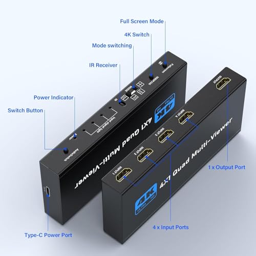 Image of HDMI Multiviewer Switch 4x1 Seamless Switcher Quad Multi-Viewer HDMI Switch 4 in 1 Out Supports 1080p 60Hz,5 Display Modes with IR Remote (HDMI Multi-Viewer 4x1)