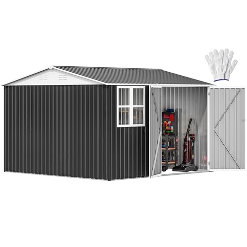 Image of DWVO 10x10ft Metal Outdoor Storage Shed with Window, Lockable Tool Storage Sheds, Oversized Steel Garden Sheds with Sloped Roof for Backyard, Patio, Garage, Lawn, Gray & White