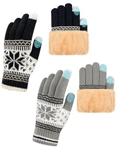 Vinuwu 2 Paar Handschuhe Winter Damen Herren, Warme Touchscreen handschuhe mit Fleece, Thermohandschuhe Strickhandschuhe - Schneeflocken-Muster