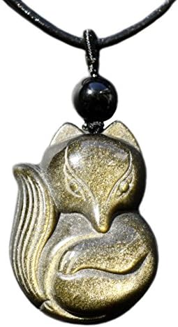 Bella Jade Fox Pendant Necklace Amulet/Talisman, Made of Obsidian Gemstone, with Necklace Cord