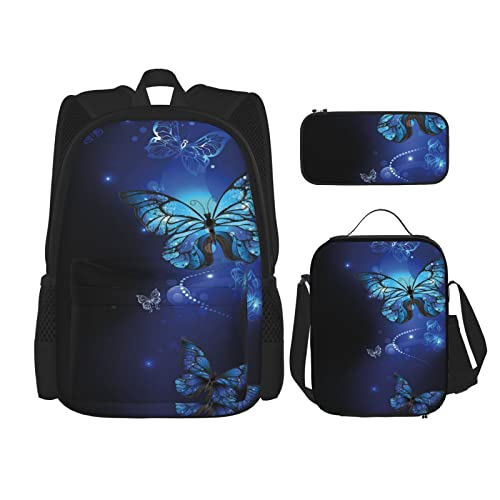 Sac à dos de voyage personnalisé papillons bleu foncé noir avec pochette déjeuner lot de 3