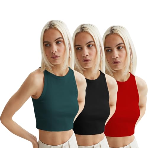 Image of KERI PERRY Tops for Women Crop Top for Women's Tank Activewear Tee Sports Western Casual Cotton Camisole Pack of 3 Combo