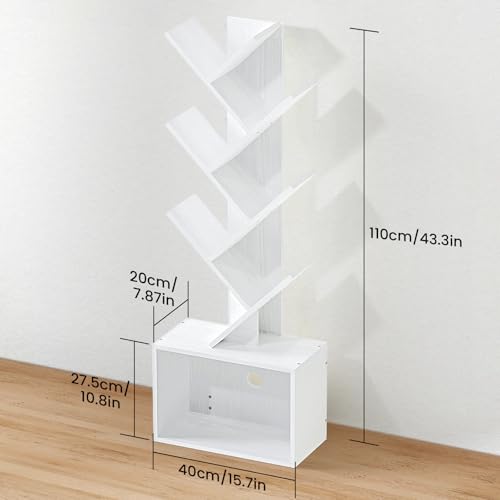 ART-GIFTREE 6 Tier Tree Bookshelf, Sturdy Retro Floor Standing Wood Bookcase, Storage Rack for Home Office, Living Room, Bedroom, Reading Spot, Heavy Book Organizer Shelves for CDs/DVDs/Movies, White