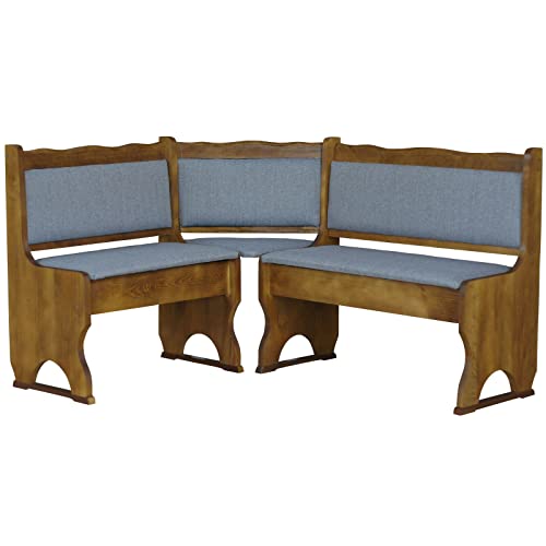 k koma Banco esquinero de madera maciza de pino en color roble con acolchado en gris claro, conjunto de asientos rústicos para cocina y comedor (120 x 160)