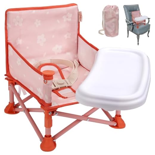 Tiny Marvels 3-in-1 Portable Baby Chair, Foldable Booster Seat with Removable Tray, Safety Harness & Carry Bag for Dining, Travel, Camping, Beach, 6M-3Y (Blush Petals)