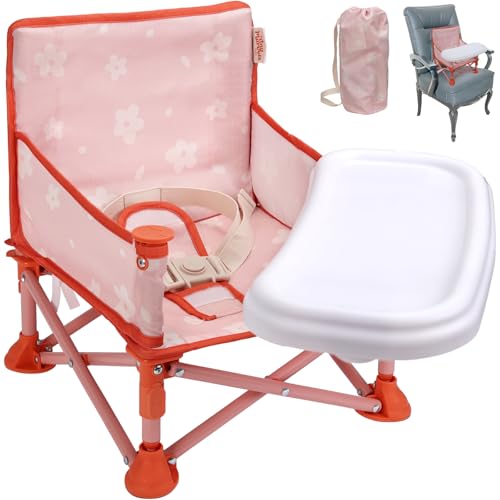Image of Tiny Marvels Portable 3-in-1 Baby Chair, Cozy Booster Seat, Baby Seat with Tray, Compact Foldable, Toddler Chair with Child Safety Belt Carry Bag, Perfect for Travel (Blush Petals)