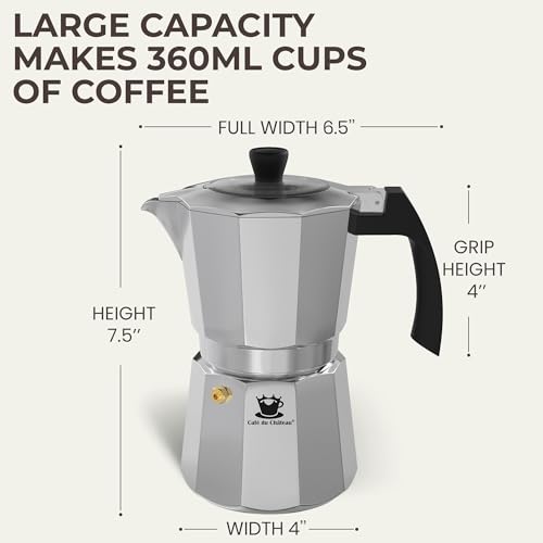 Cafe Du Chateau Moka Pot Espresso Maker - Makes 6 Espresso Cups - Stovetop Coffee Percolator with Clip Measuring Spoon - Ideal Cuban & Italian Coffee Maker