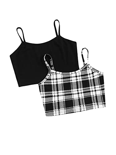 Image of OYOANGLE Girl's 2 Piece Plaid Sleevelee Spaghetti Strap Casual Crop Cami Tank Top