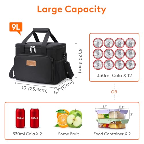 Lifewit Medium Lunch Bag Insulated Lunch Box Soft Cooler Cooling Tote for Adult Men Women, Black 12-Can (9L) #3