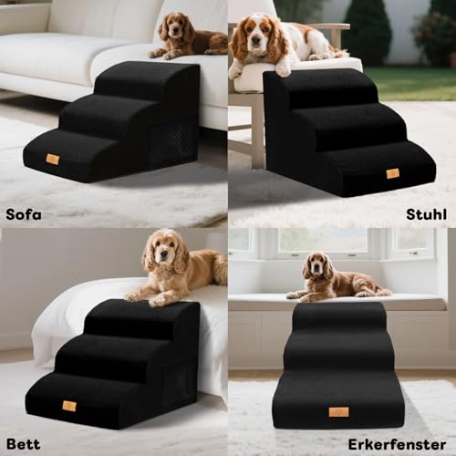 Thihome Hundetreppe für Kleine Hunde, Haustiertreppe 3 Stufen, Hochdichtem Schwamm Hundetreppen 40cm Hoch, Hunde Treppe mit Waschbarem Bezug, Rutschfestem Hunderampe für Bett & Sofa, Schwarz