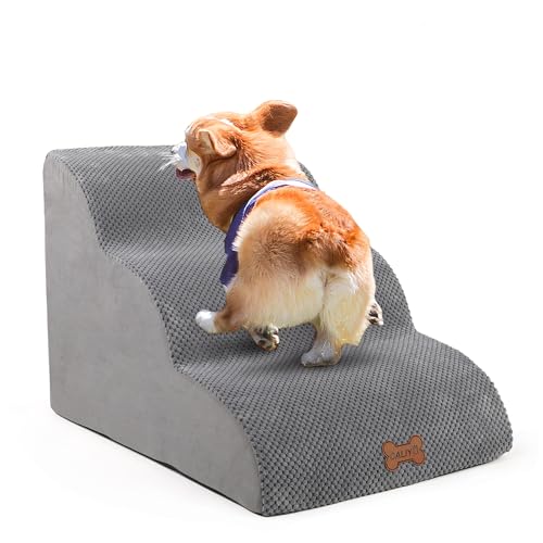CALIYO Hundetreppe 3 Stufen，Hundetreppe für Kleine Hunde,Treppe für Hunde aus Hochdichtem Schwamm,Haustiertreppe Mit waschbarem Bezug und rutschfestem Boden(60 * 40 * 40CM,Grau)