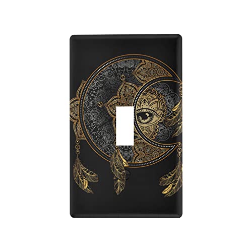 Boho Chic Tattoo Design Single Toggle Light Switch Cover Placa de pared decorativa para interruptor de hogar 4.5 x 2.75 pulgadas Golden Moon Sun Mandala