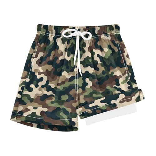 Boy Swim Trunks with Compression Liner Traditional Camo Pattern Boys Swim Shorts Quick Dry Beach Shorts