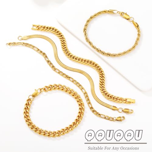 Qquqqu 5PC 8.3INCH G SL5-006 5Pcs Gold Cuban Link Chain For Men Sturdy Mens Gold Bracelet Carb Width Gold Chain Bracelet Exquisite Cuban Link Bracelet thumb #4
