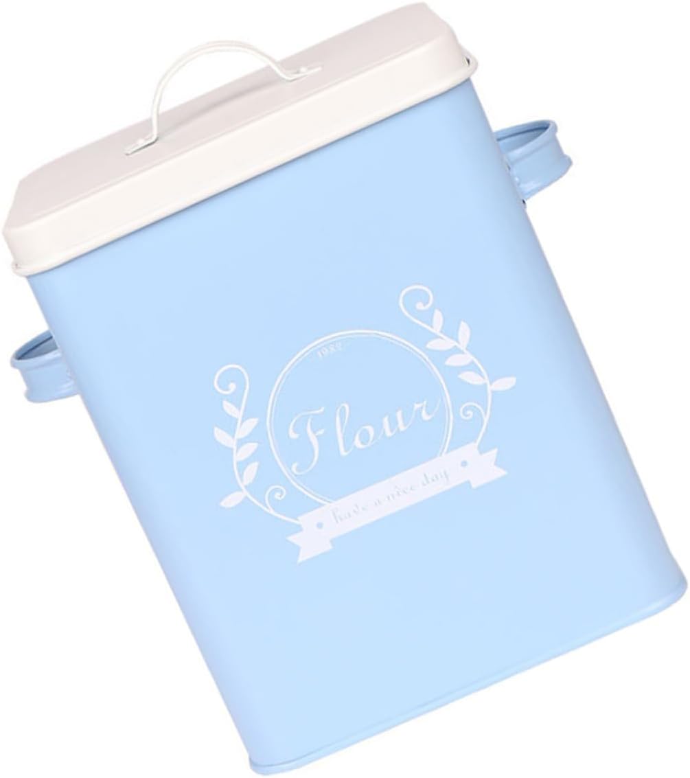 Rice Storage Bucket Grain Box with Lid Galvanized Iron Kitchen Snack Food Container Blue 1pcs for Pantry Organization