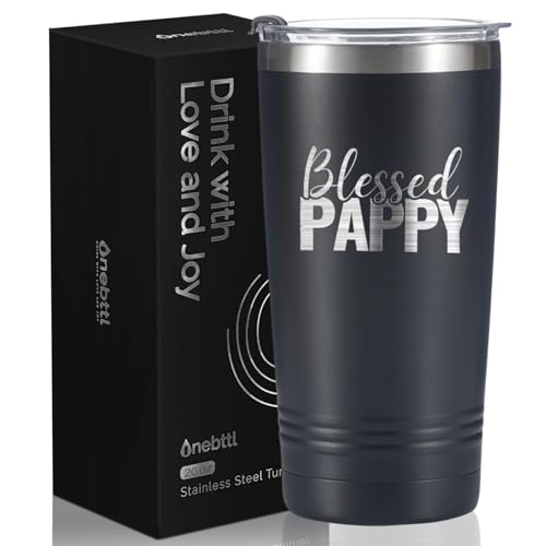 Image of Onebttl Pappy Gifts, Grandpa Father's Day Gifts from Grandchildren, Laser Engraved Design, 20oz /590ml, Stainless Steel Tumbler with Straw & Lid, Black - Blessed PAPPY