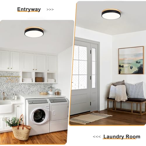 Image of Dimmable LED Wood Black Round Flush Mount Ceiling Light 11.81 Inch