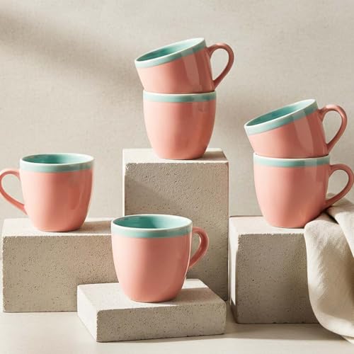 Image of The Earth Store Pink Flow Ceramic Tea Cup Set of 6 for Tea | 220ML Each | Microwave & Dishwasher Safe | Perfect for Every Occasion Chai | Coffee Cups for Home, Office, Gifting & Daily Use