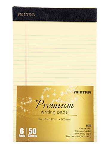 Image of Mintra Office Canary Legal Pads - Premium Quality Heavyweight Paper with Micro-perforated sheets, Smooth-lined paper, Ideal for Office Tasks, Assignments or Notes, Meetings, and Journaling, 6 pack, Yellow Paper, Narrow Ruled, 5 inchx8 inch