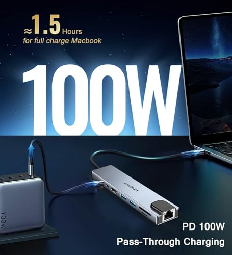 USB C Hub Ethernet HDMI Adapter, 8 in 1 Docking Station with 4K HDMI, RJ45 Ethernet, SD/TF Card Reader, USB 3.0/2.0, PD 100W, LAN USB-C Dongle for MacBook Pro/Air, iPad Pro, XPS, etc - Thumbnail 5