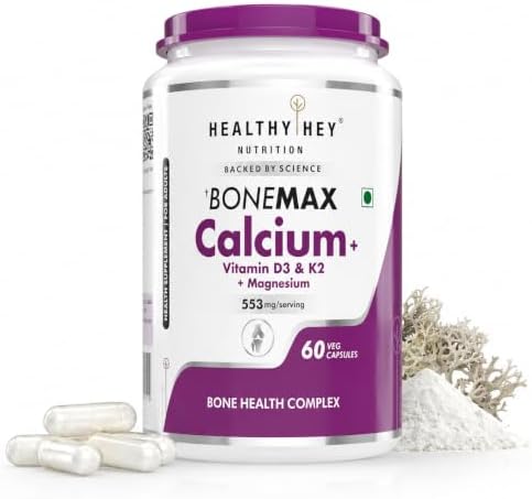 HealthyHey BoneMax Calcium, D3, K2 & Mg | 100% Vegetarian | Calcium, Vitamin D3 & K2-MK7 and Magnesium - Benefits Bone Health & Joint Support (60 Capsules)