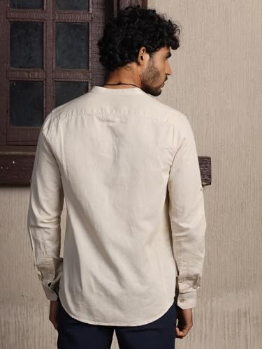 Image of Thomas Scott Men's | Solid | Full Sleeve | Slim Fit | Linen Blend | Mandarin Collar | Casual Shirt