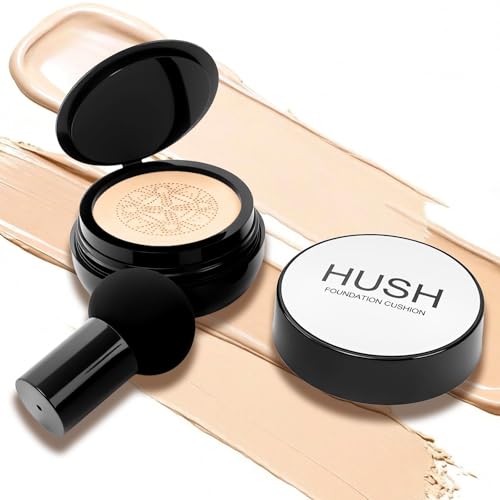 Hush makeup foundation - Glow makeup foundation for older women warm - Infused Lightweight Foundation cushion with Mushroom Applicator for Mature Skin, Hyaluronic Acid & Peptides, Natural Coverage