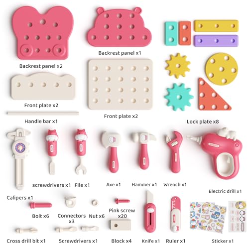 burgkidz Kids Tool Set, 66 PCS Pink Kids Tool Box for Girls, Electronic Toy Drill Pretend Play Girls Toys Construction Tools Kit Bench, Valentine\'s Birthday Gift Ideas Toddler Tool Set Age 3 4 5+
