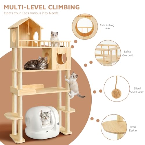 Torre para gatos de madera, 5 niveles, 74.4 pulgadas miniatura 5