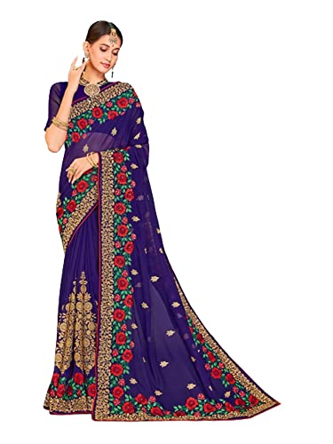 Sari georgette femme bleu marine traditionnel 8671 semi-cousu