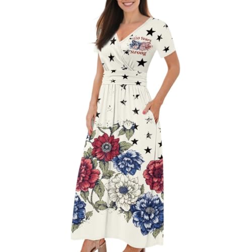 Image of Women's Fall Summer Short Sleeve Ankle Length V-Neck Party Dress with Pockets Size S-3XL