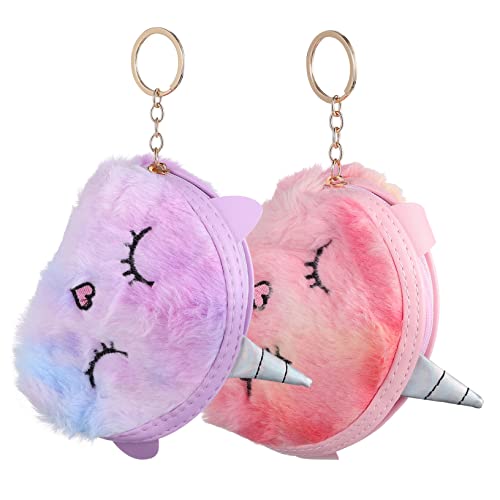 2pcs Cute Unicorn Coin Purses Plush Zipper Change Bags for Soft Cartoon Design Pink and Purple Versatile Keychain and Bag Charm