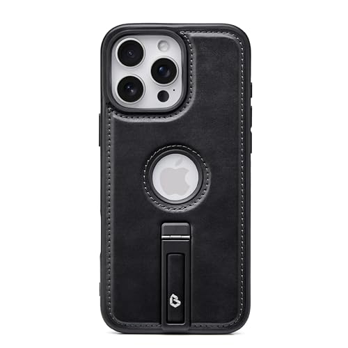 Bullroye for iPhone 15 Pro Case Leather with Stand, Black - image 1