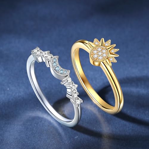 Jeulia Moon Sun Rings Set Sterling Silver for Women; Stackable Matching Ring Friendship Couples Promise Ring Band Celestial bff Rings Romantic Jewelry Gifts with Box4