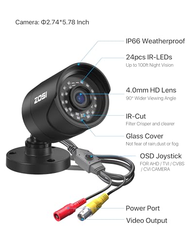 Image of ZOSI 2MP 1080p HD Security Camera Outdoor, Hybrid 4-in-1 CVI /TVI /AHD /CVBS | 1920TVI Bullet Camera, 80ft Night Vision, 90 Wide Angle, Weatherproof Surveillance CCTV Camera